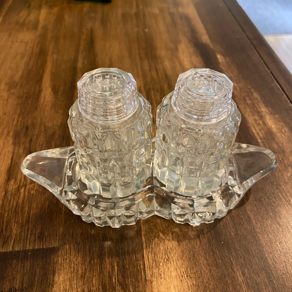 cut glass salt and pepper with tray